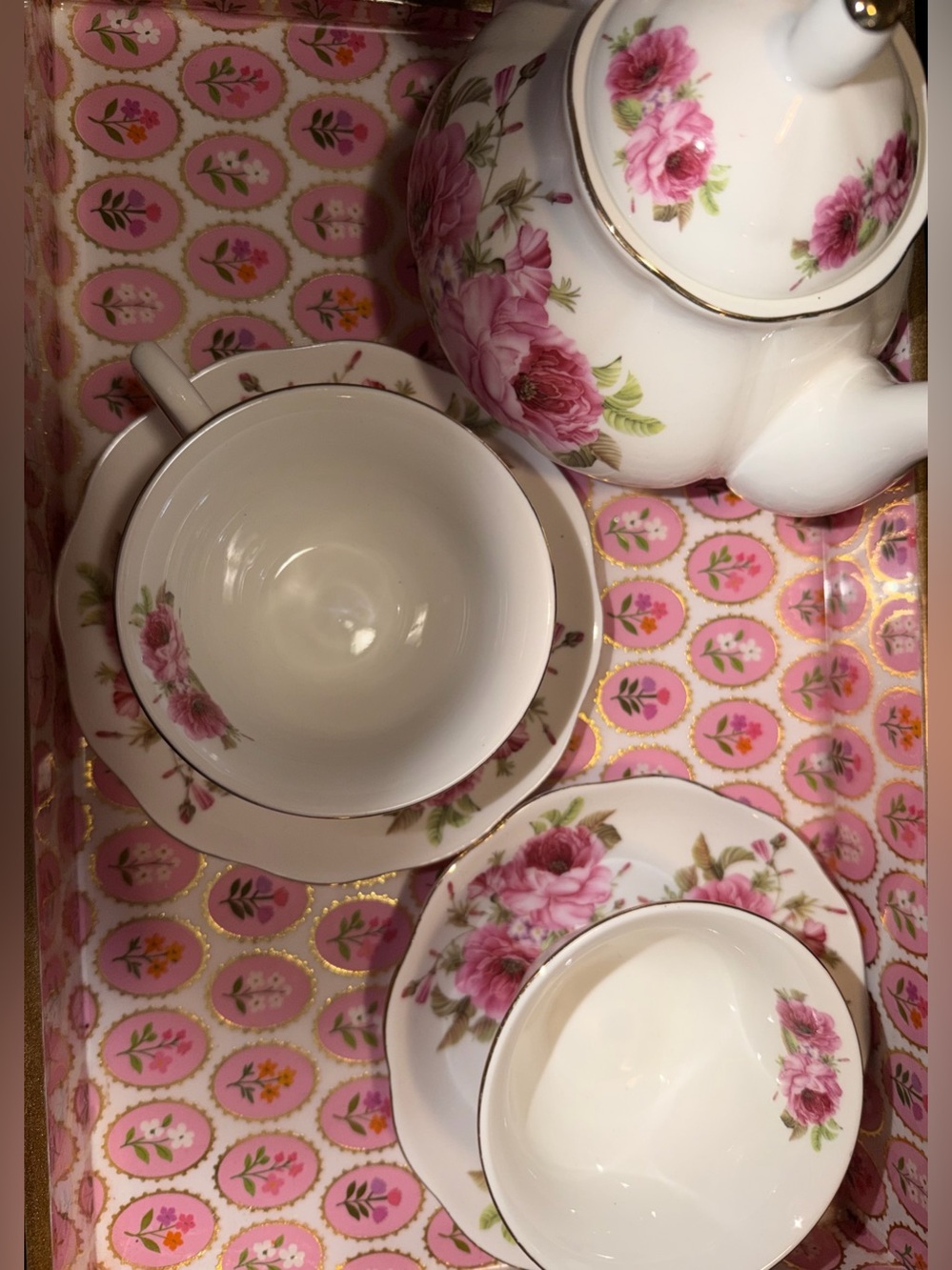 Chateau Pink Rose Porcelain Teacup and Saucer Set with Gold Trim WHOLE SET!